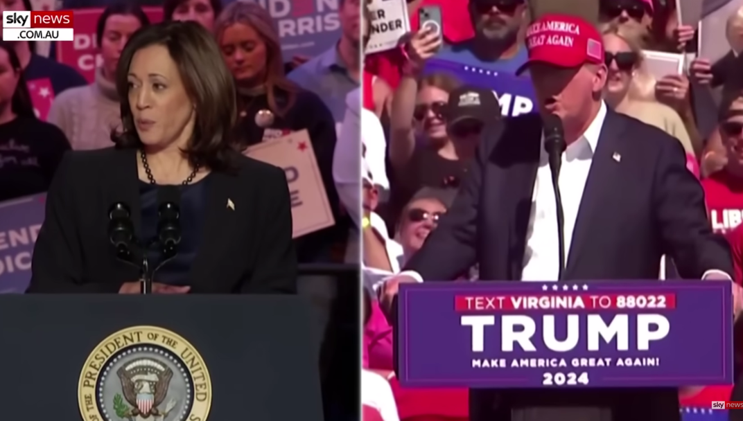 Kamala Haris i Donald Tramp (Foto: Skaj njuz - stop kadar)