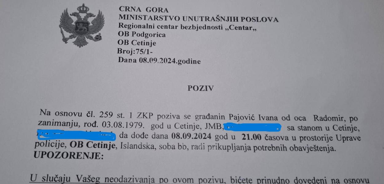 Policijski poziv Ivani Pajović (Foto: Poziv Ivani Pajović (privatna arhiva) )