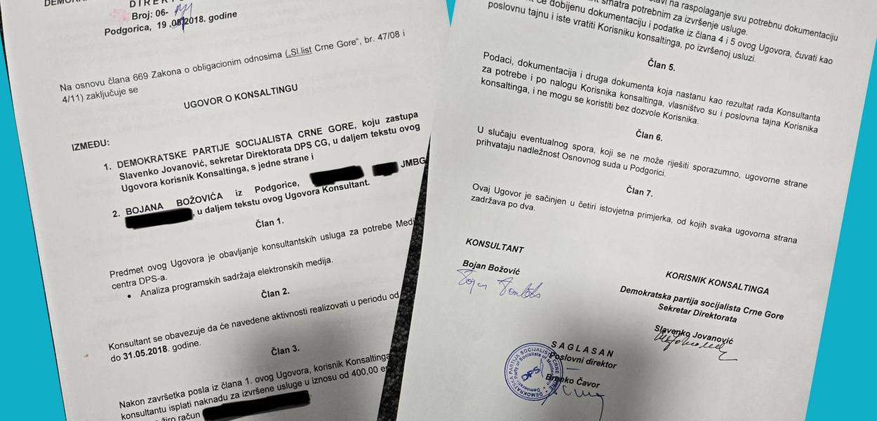 Konsultantski ugovor Bojana Božovića sa DPS-om iz 2018. godine