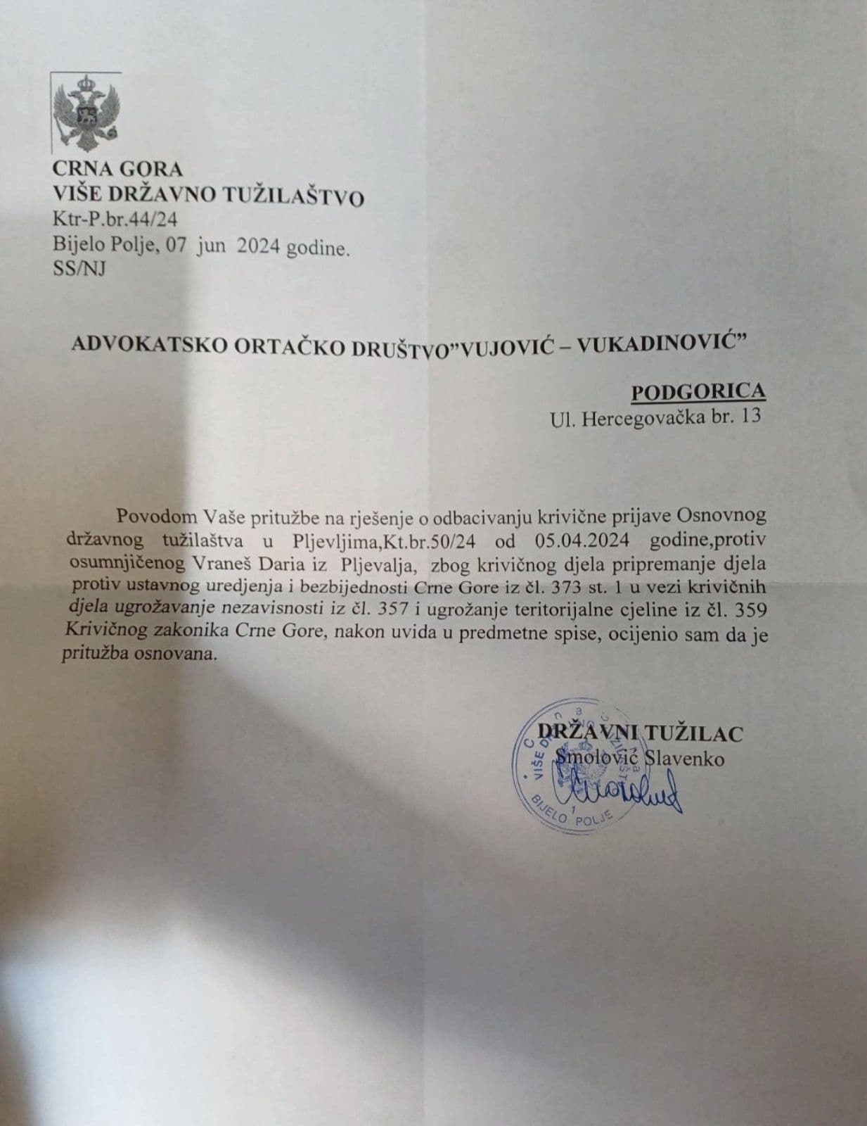 Odgovor Višeg državnog tužilaštva na prigovor podnosilaca krivične prijave