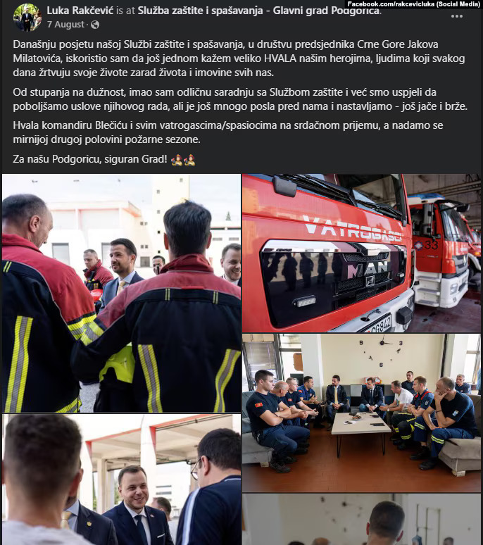 Zamjenik gradonačelnice Luka Rakčević i predsjednik države Jakov Milatović u posjeti vatrogascima u Podgorici, uoči zvaničnog ulaska u predizbornu koaliciju