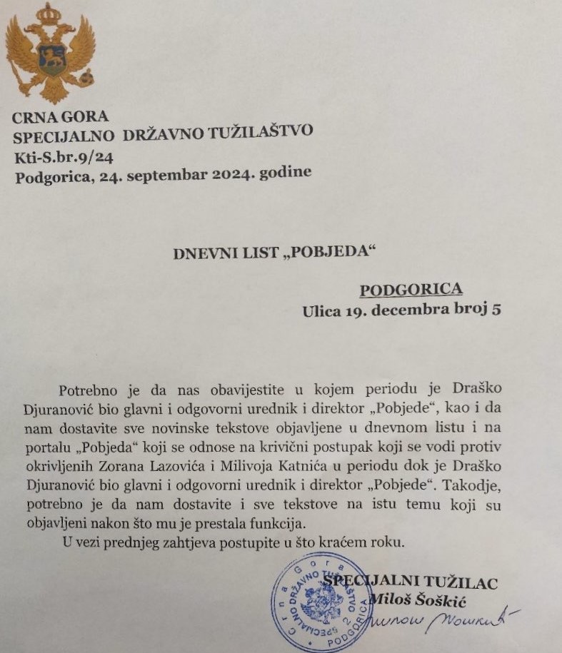 (Foto: Dopis specijalnog tužioca Šoškića Pobjedi)
