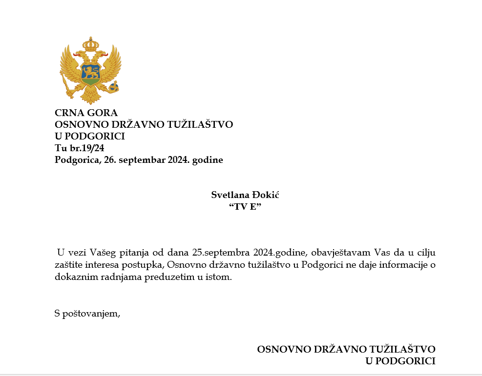 Dopis Osnovnog tužilaštva u Podgorici 