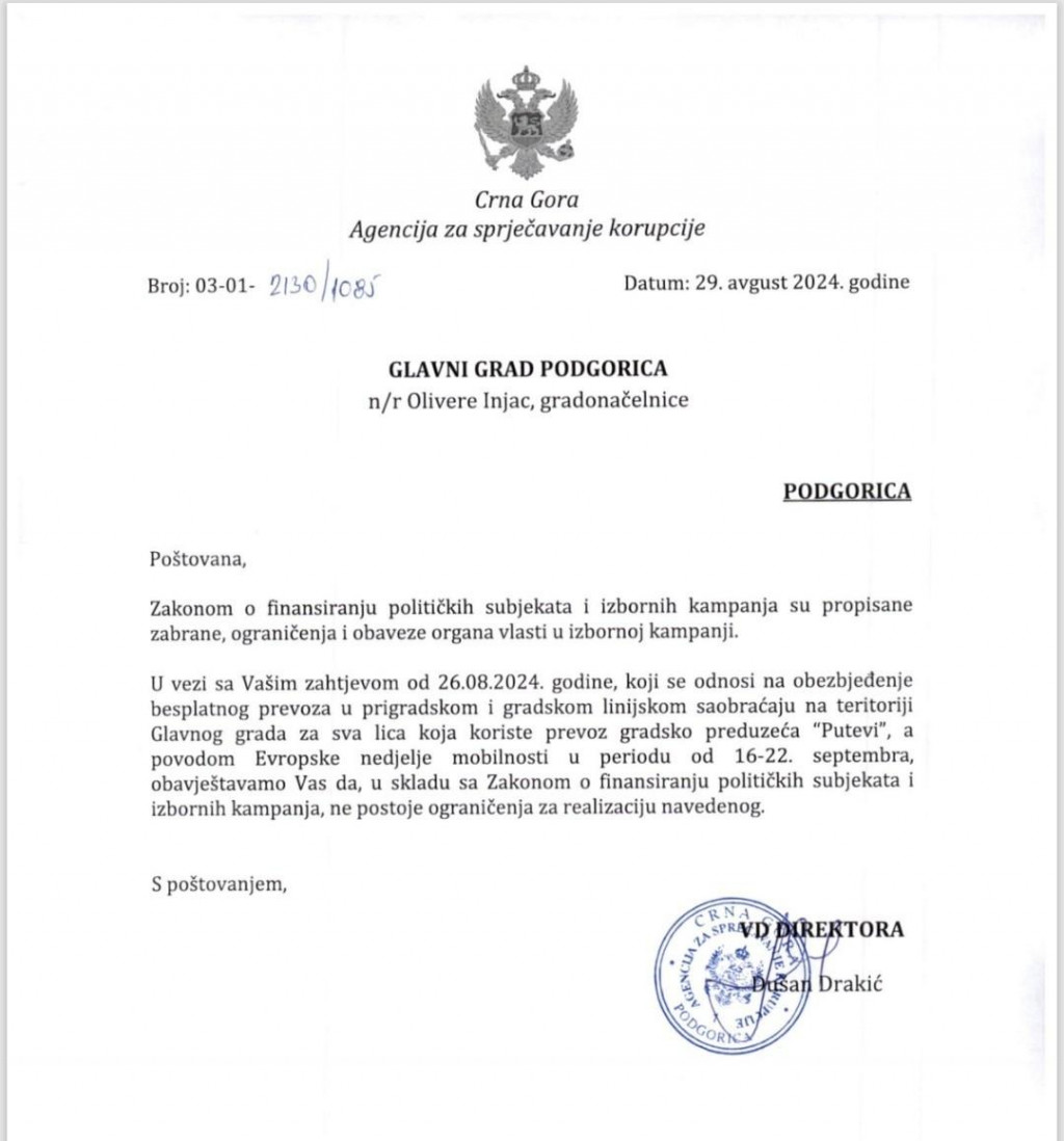 Dopis Drakića Glavnom gradu 