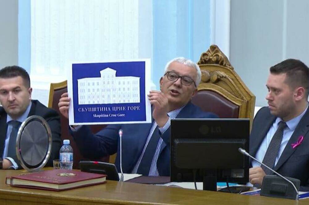 (Foto: Andrija Mandić pokazuje novi logo)