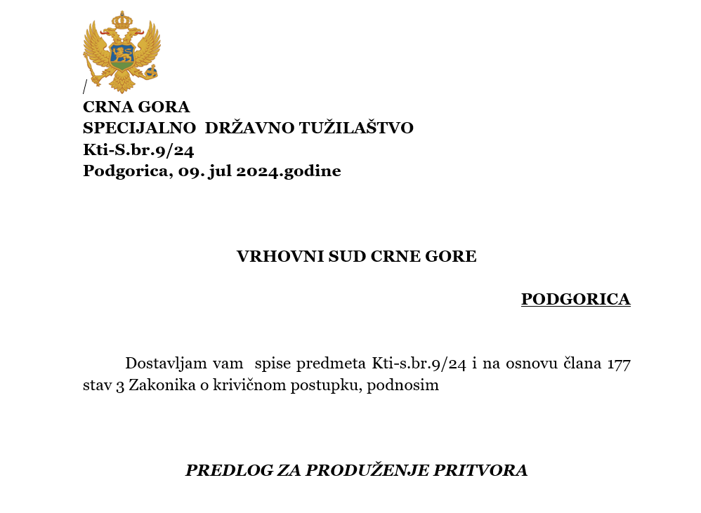 Prijedlog tužioca Šoškića za Produženje pritvora Lazoviću i Katniću