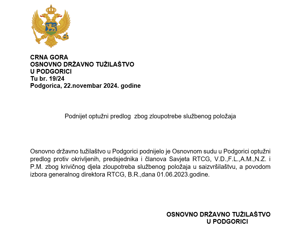 Kopija dopisa Osnovnog državnog tužilaštva