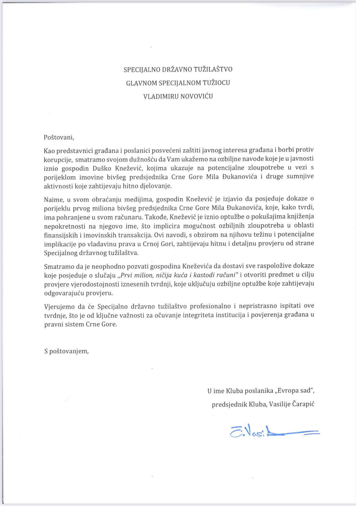 Pismo Kluba poslanika Pokreta Evropa sad glavnom specijalnom tužiocu Vladimiru Novoviću