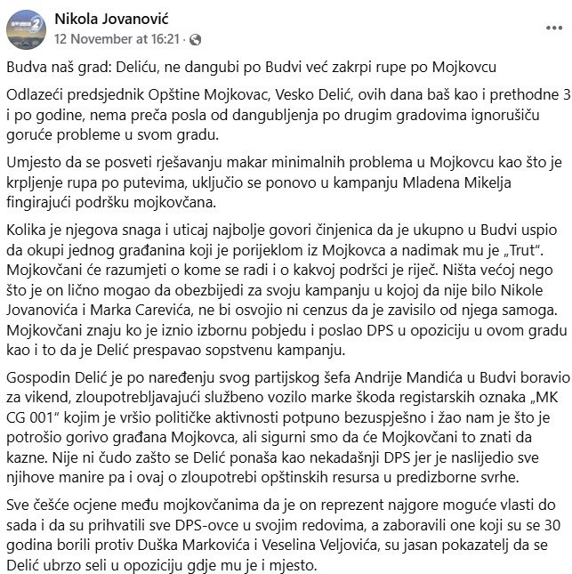 objava Nikole Jovanovića