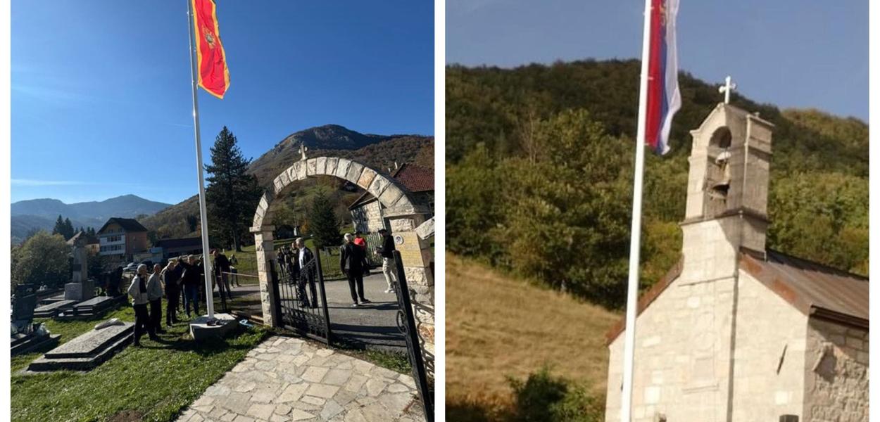 Ispred crkve u Štitaricama viju dvije zastave – srpska trobojka i crnogorska državna zastava (Foto: Portal ETV/Portal Analitika)