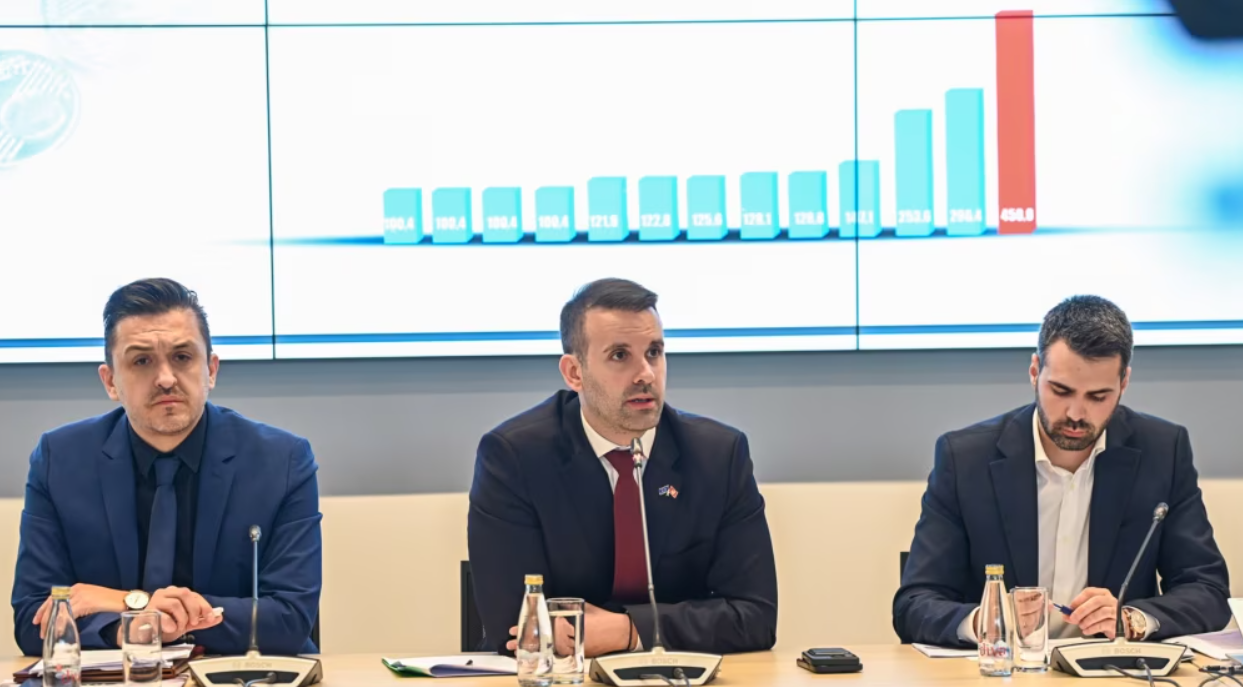 Ministar finansija Novica Vuković, premijer Crne Gore Milojko Spajić i Branko Krvavac, šef kabineta predsjednika Vlade, predstavljaju Budžet za 2025. (Foto: Vlada Crne Gore)