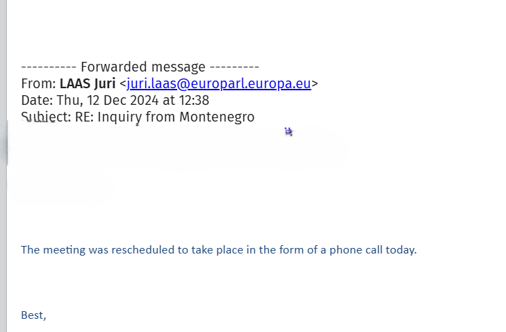 ,,PREFORMULACIJA" SUSRETA: Odgovor portparola predsjednice EP (Foto: Screenshot imejla Jurija Lasa )