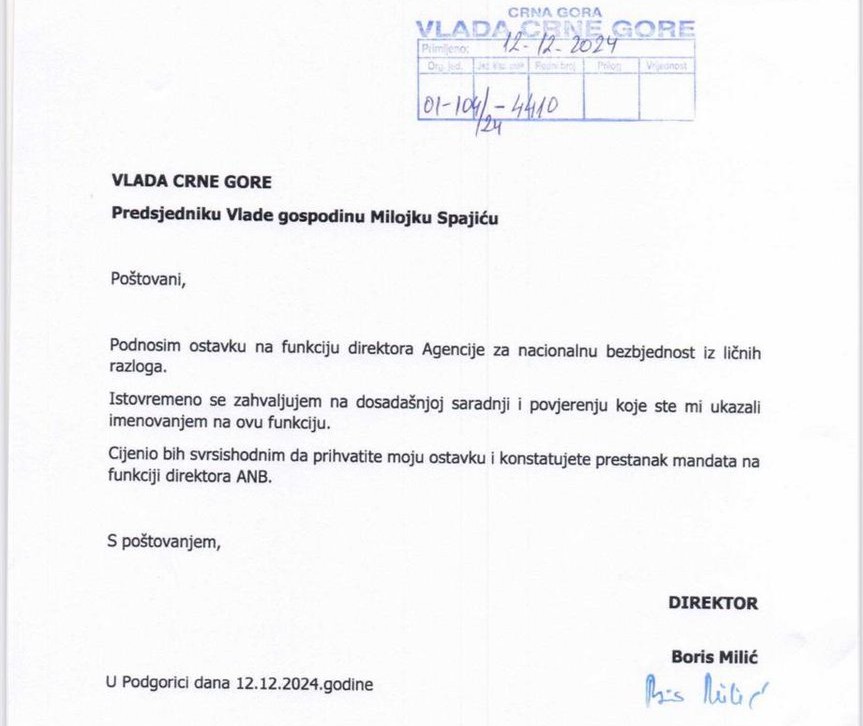 Tekst ostavke Borisa Milića