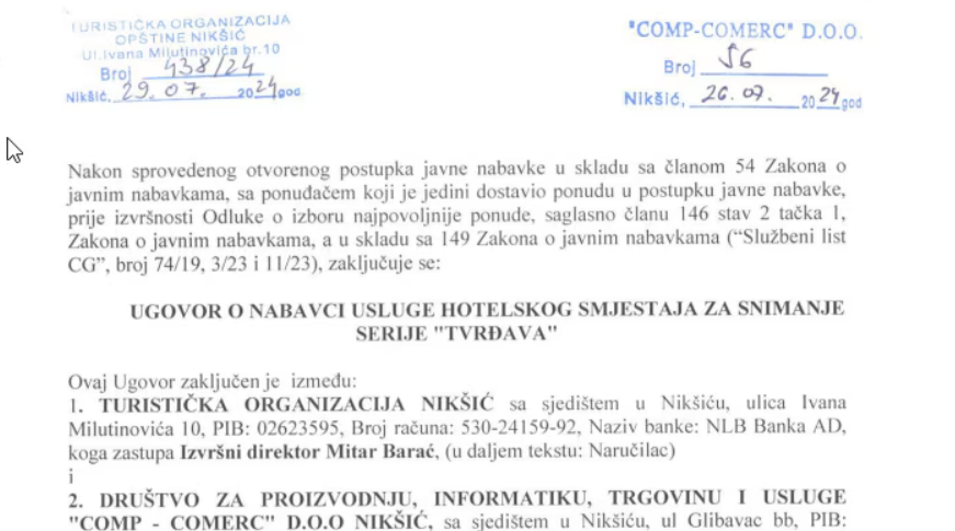 Prva strana Ugovora o nabavci hotelskih usluga za ekipu serije "Tvrđava"