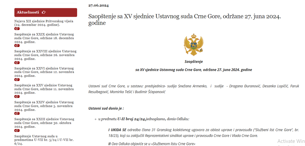 Saopštenje Ustavnog suda od 27. juna (Foto: Screenshot)