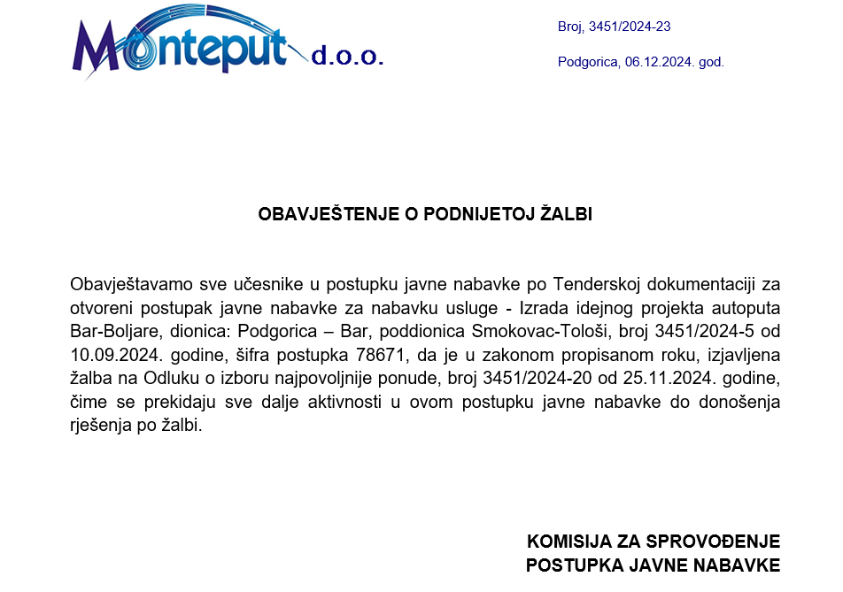 Obavještenje Monteputa