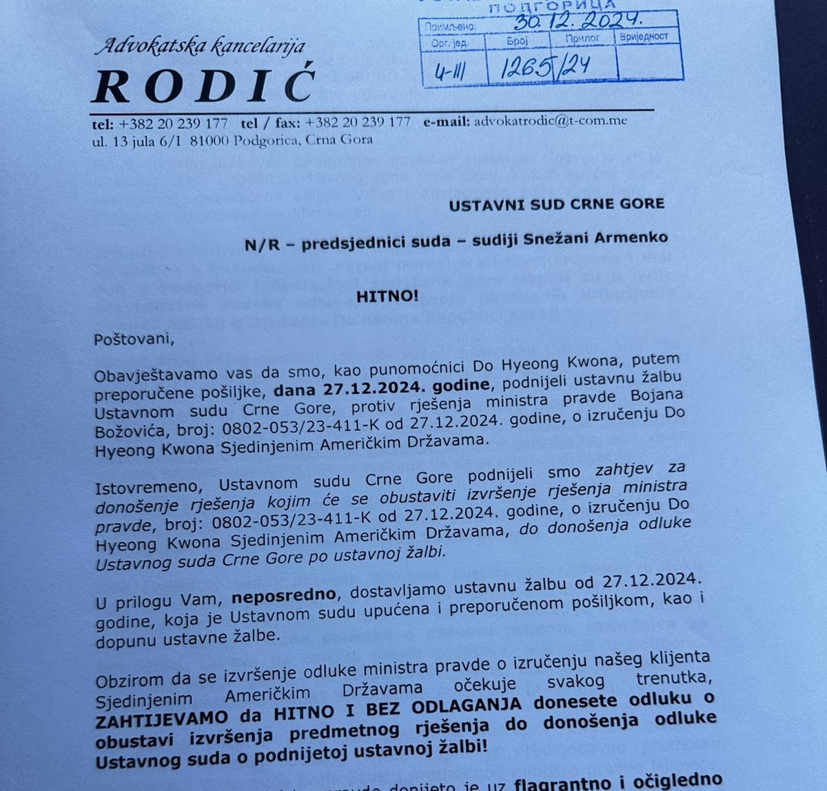 Dopis advokatske kancelarije Gorana Rodića predsjednici Ustavnog suda Armenko