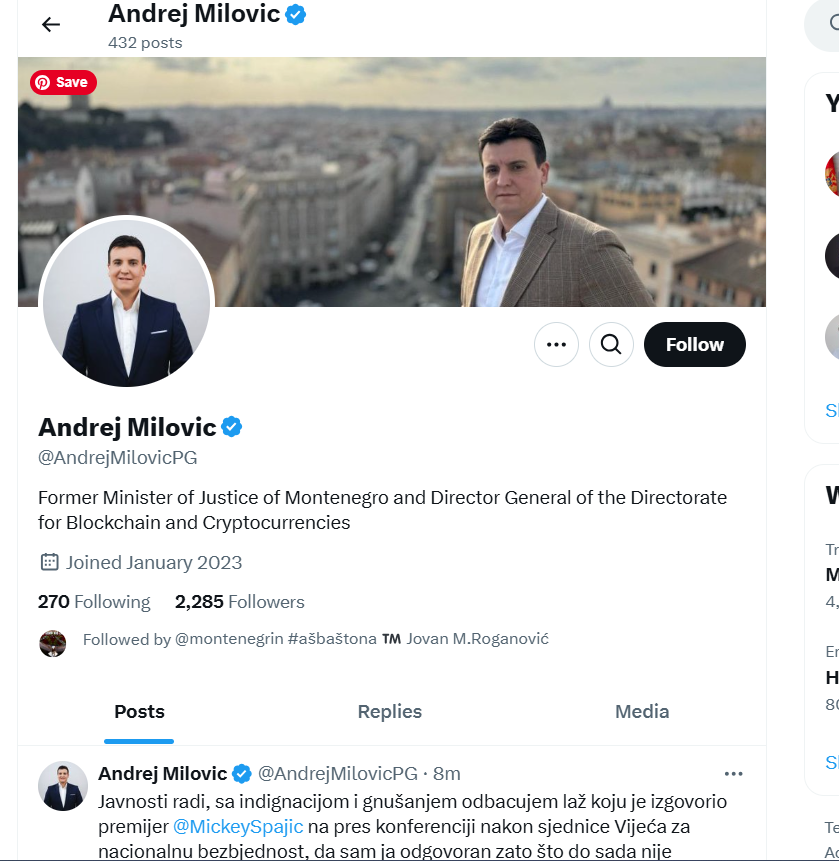 Screenshot profila Andreja Milovića na mreži X (Foto: Ssreenshot Portal ETV)