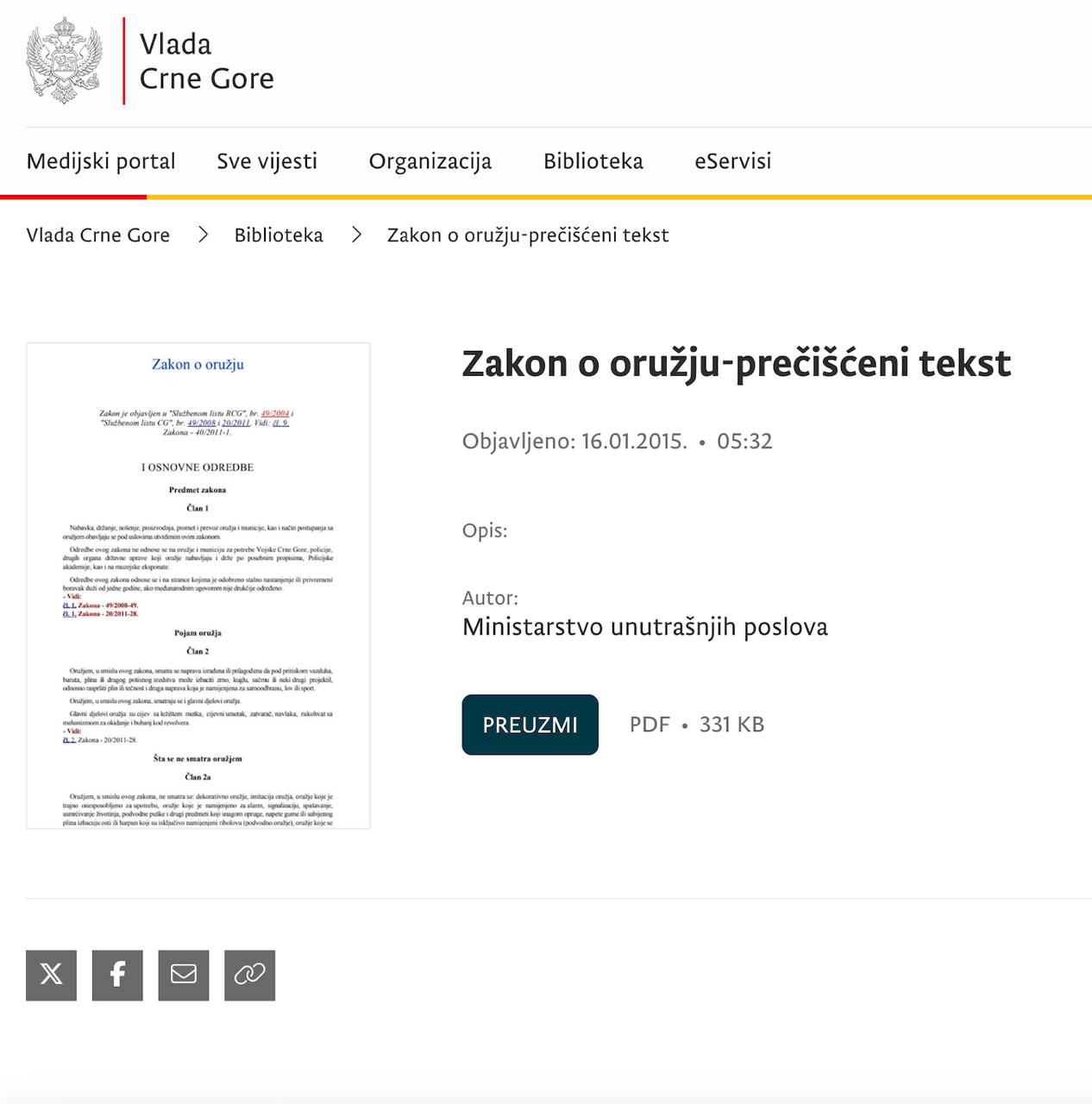Vlada Crna Gore: Zakon o oružju 