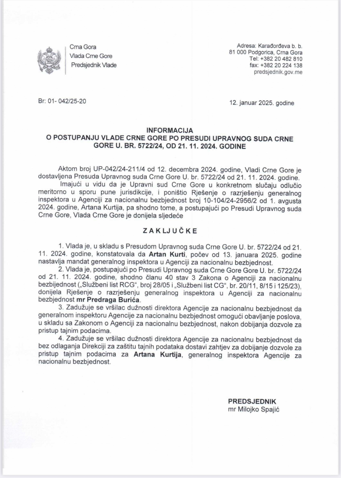 Dokument Vlade o imenovanju Kurtija