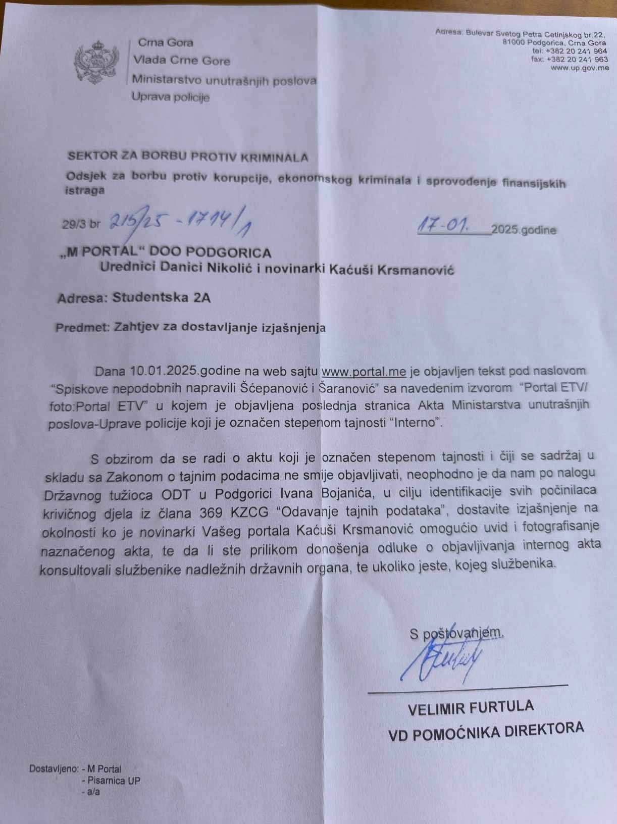 Dopis Uprave policije