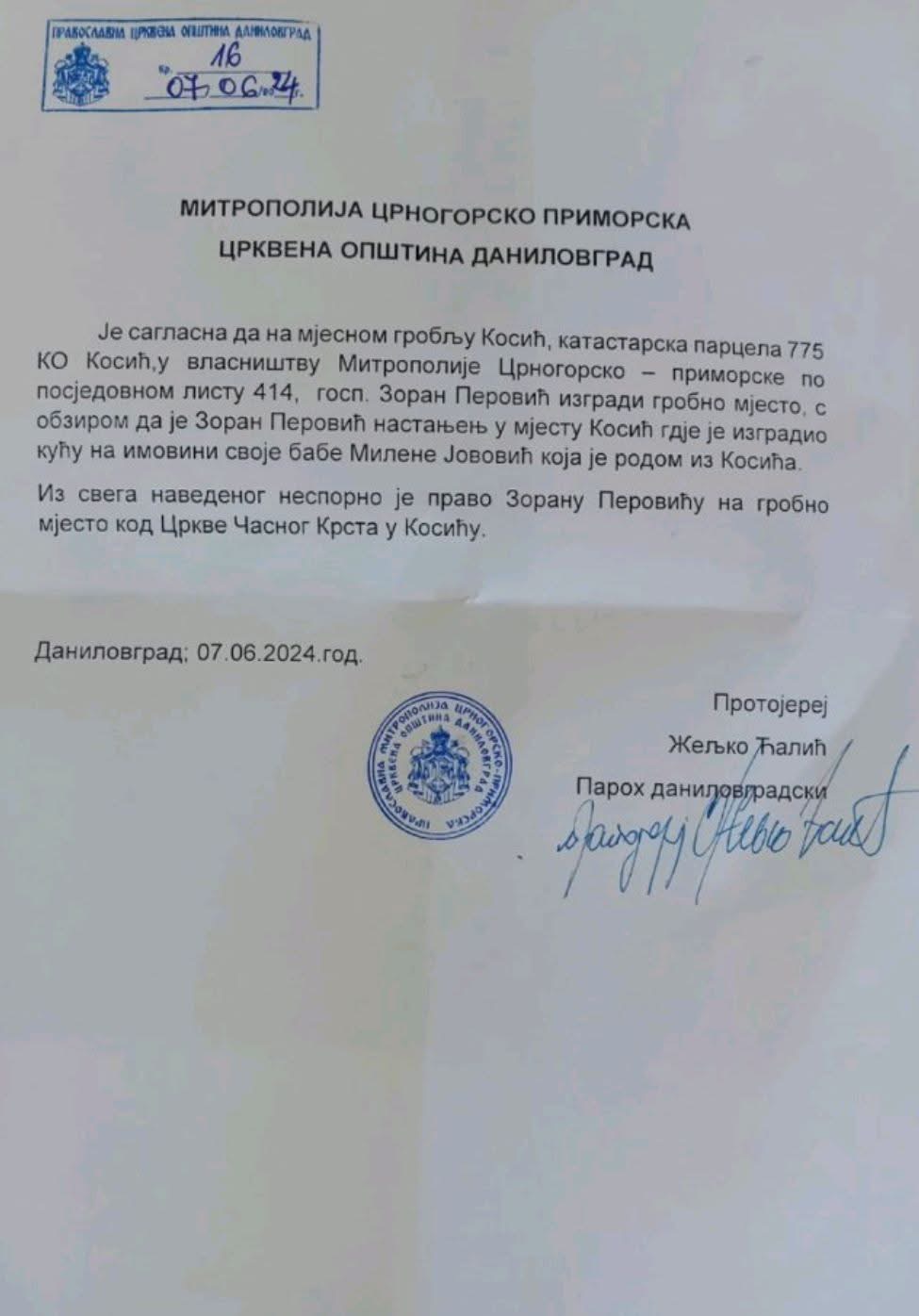 Dozvola za grobno mjesto danilovgradskog paroha