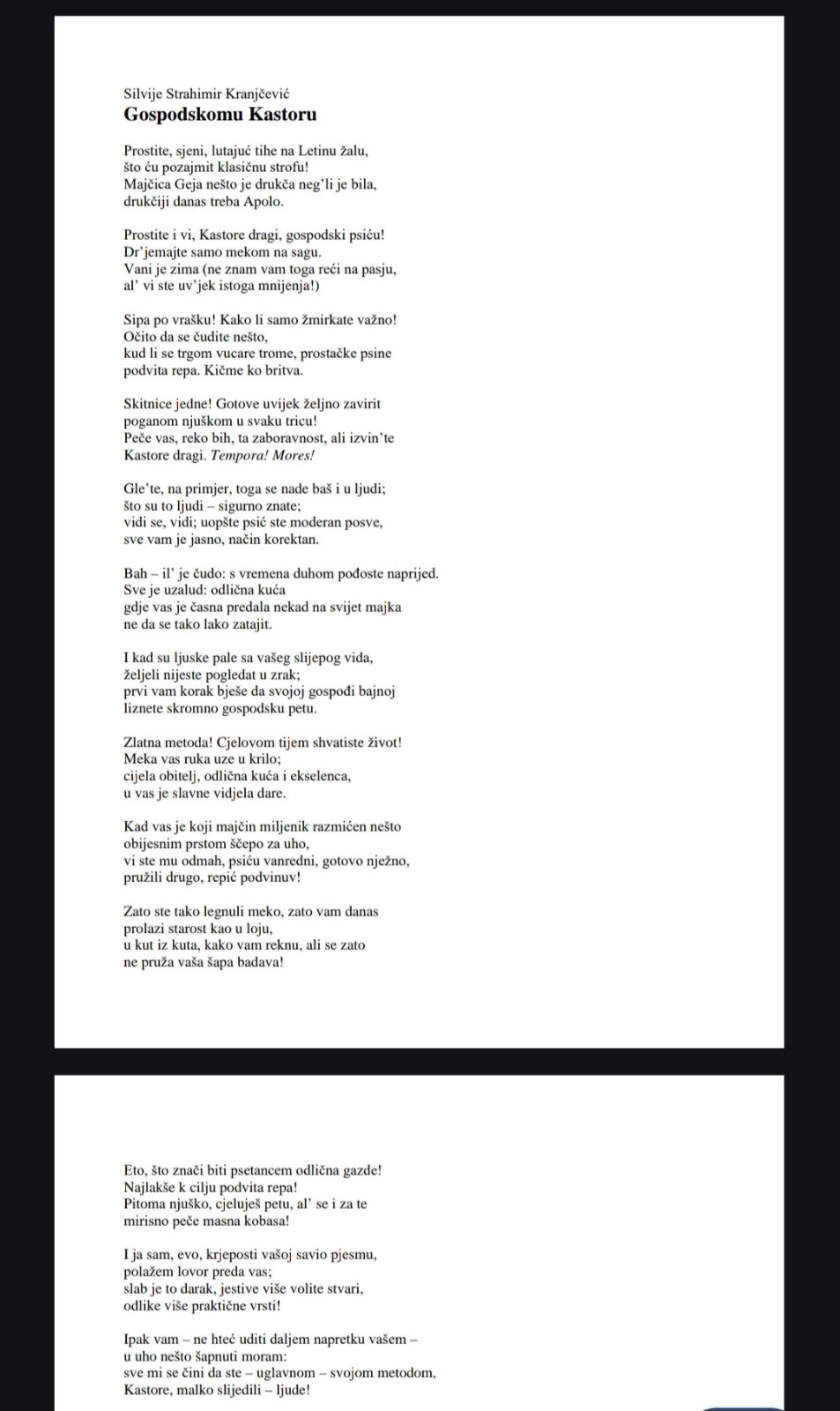 Pjesma Silvije Strahimira Kranjčevića "GOSPODSKOM KASTORU"