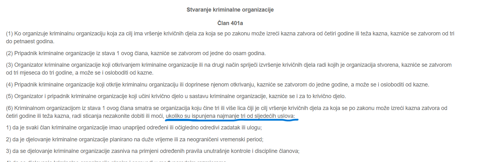 ZAKONSKA ODREDBA: Kriminalna grupa MORA imati makar tri člana 