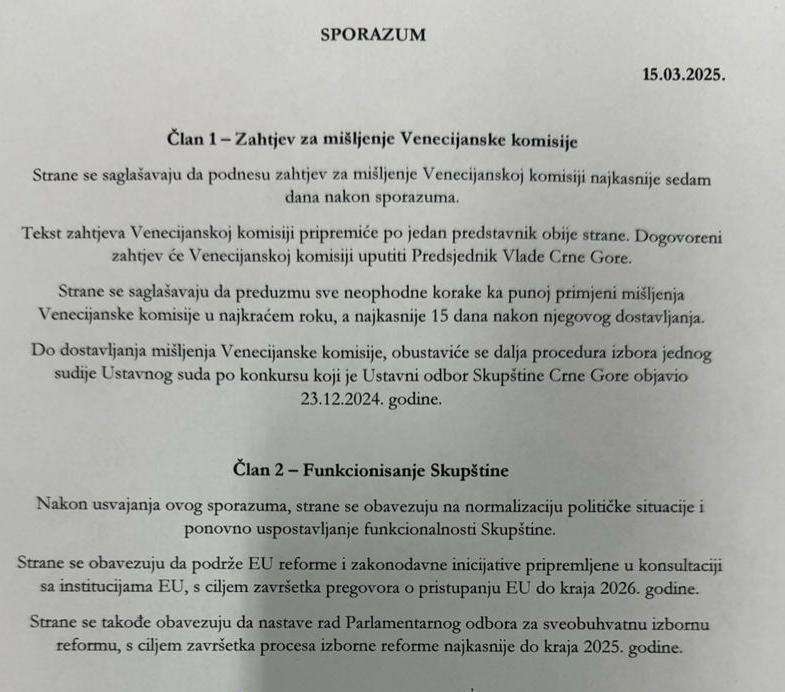 HOĆE LI SVI DRŽATI RIJEČ: Tekst Sporazuma od 15. marta