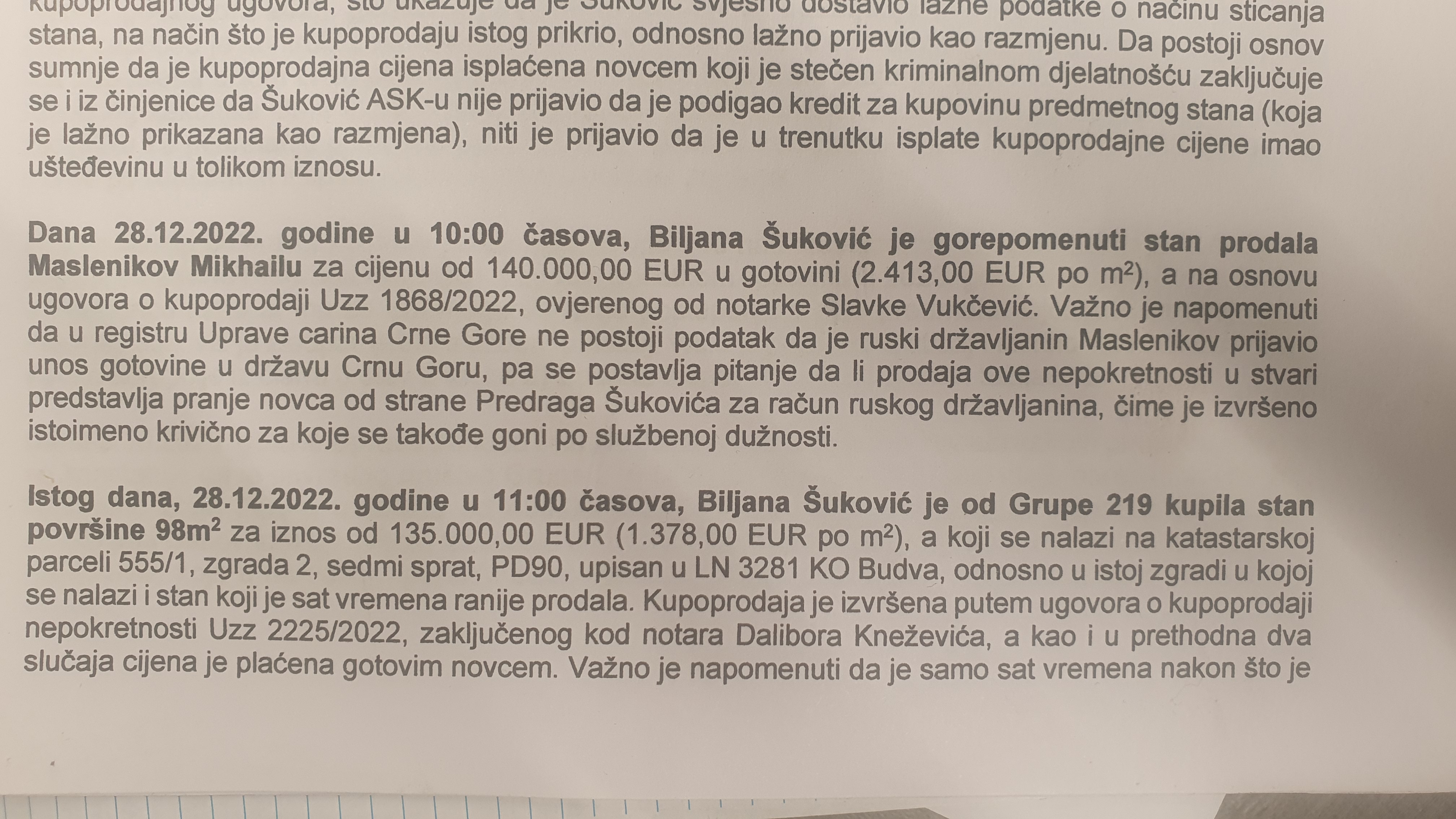 DOKAZI: Detalj krivične prijave protiv Šukovića