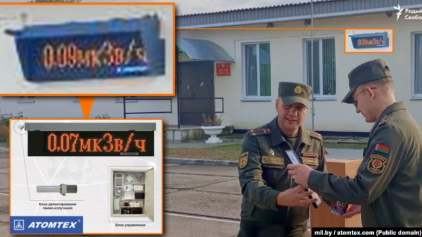 Vojna baza u Bjelorusiji sa detaljem u pozadini na kojem se vidi mjerač radijacije