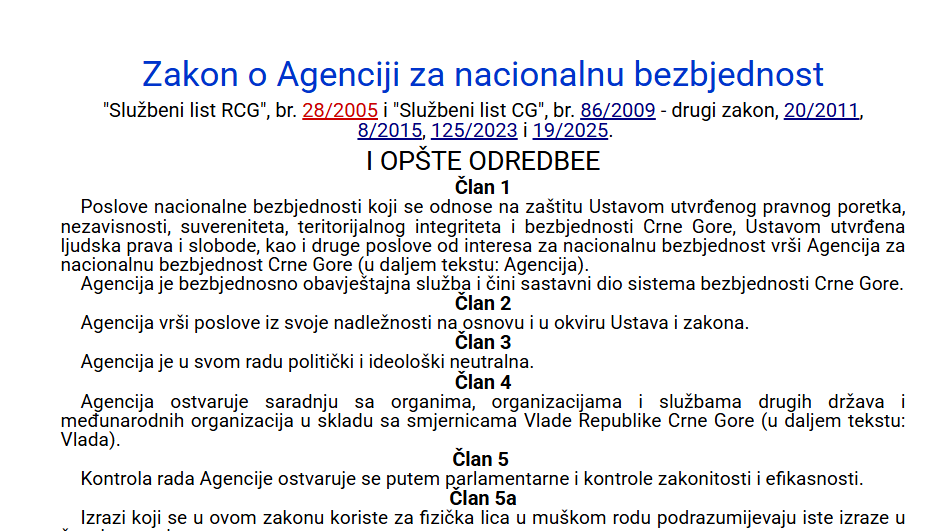 KO MOŽE PRISTUPITI PREGLEDU TAJNIH PODATAKA: Zakon o Agenciji za nacionalnu bezbjednost