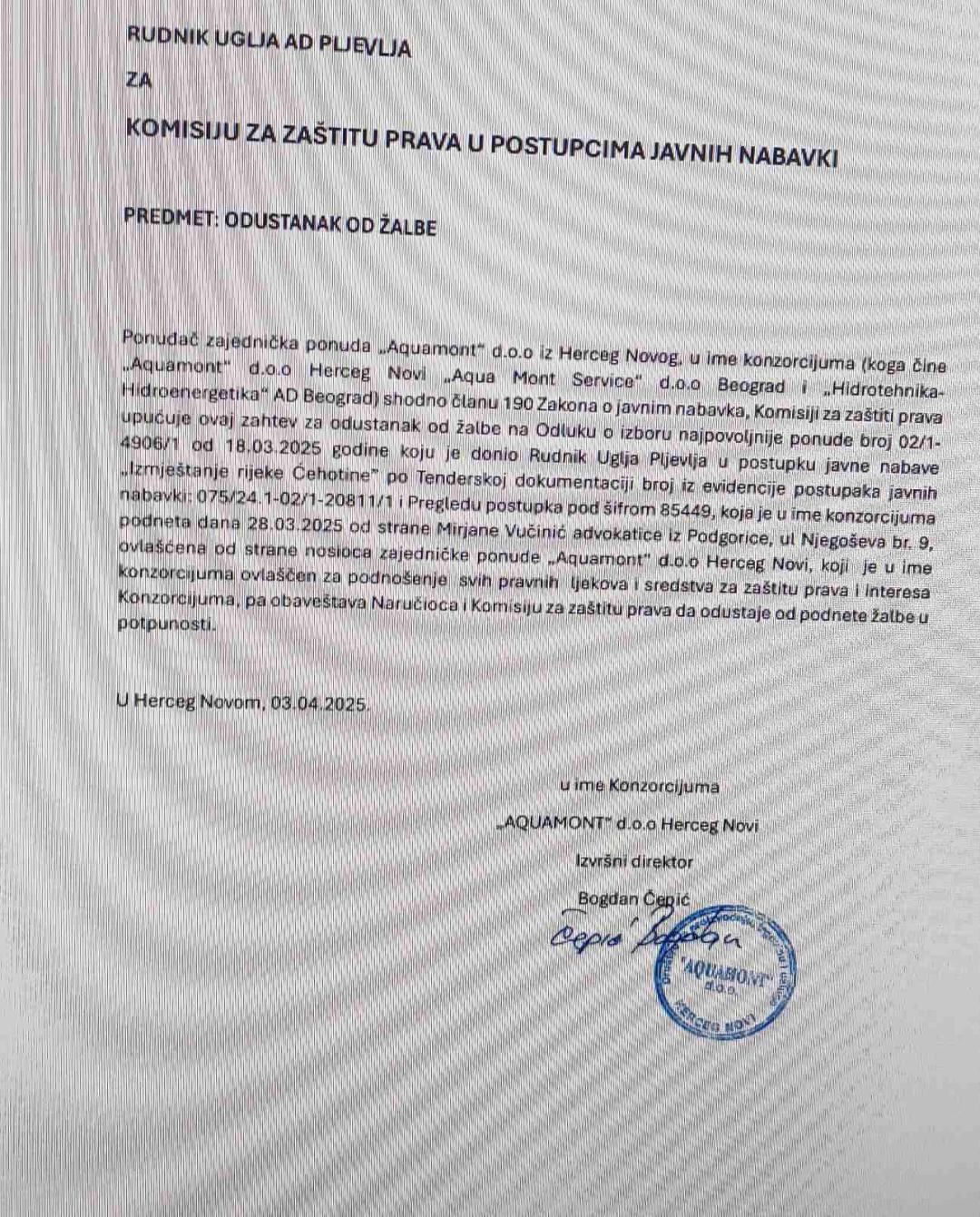 Odustanak od žalbe Ćehotina