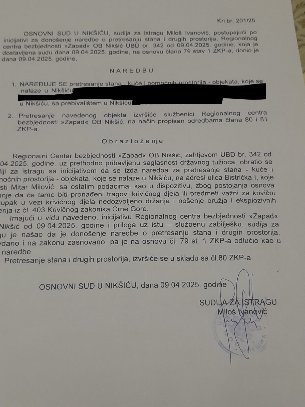 Naredba za pretresanje stana Milovića