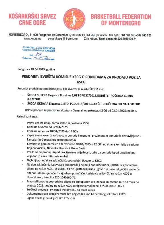 Izvještaj Komisije KSCG za prodaju automobila