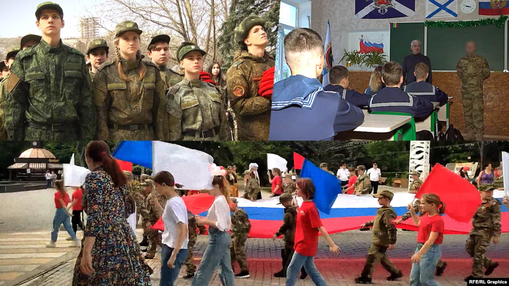 Kolaž slika koji prikazuje militarizaciju ukrajinske djece na teritorijima pod ruskom okupacijom u Ukrajini (Foto: RFE/RL Graphics)