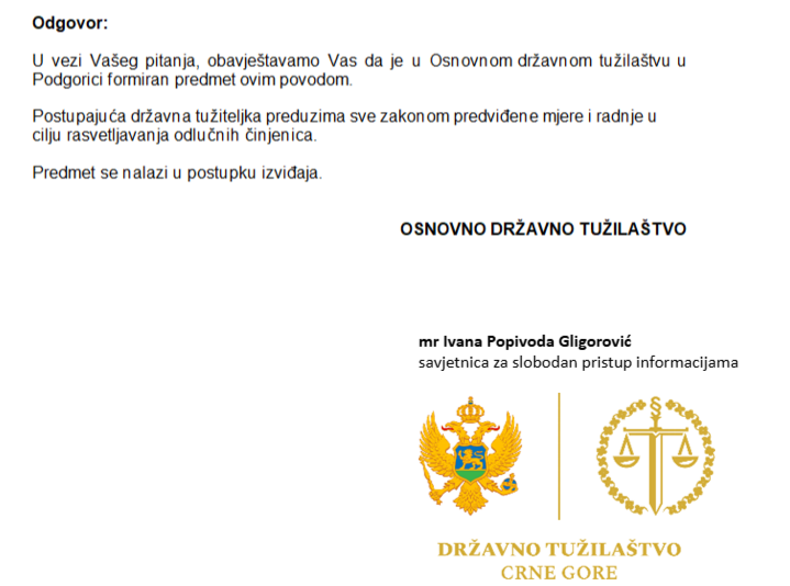 PRECIZNO: Odgovor podgoričkog Osnovnog tužilaštva na upit Portala ETV 