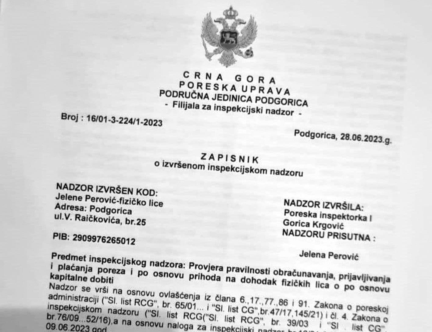PROMAŠAJ: Zpiasnik Poreske uprave kao dokaz da je prijava protiv Perović bila neutemeljena 
