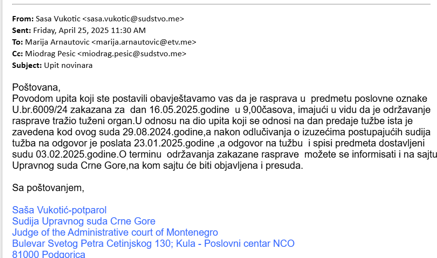 ODGOVOR: Obavještenje da će rasprava o tužbi Jelene Perović biti tek 16. maja