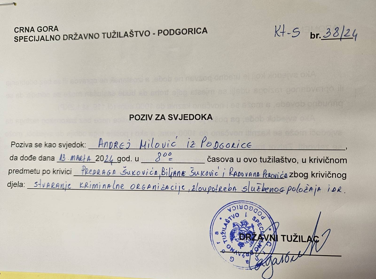 IGRA ZA JAVNOST: Poziv SDT-a za svjedočenje Andreja Milovića