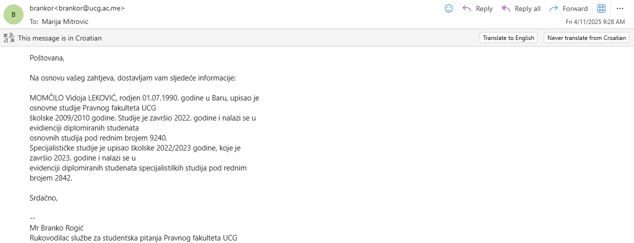 TEMELJNO STUDIRANJE MOMČILA LEKOVIĆA: Odgovor iz Pravnog fakulteta na upit Portala ETV