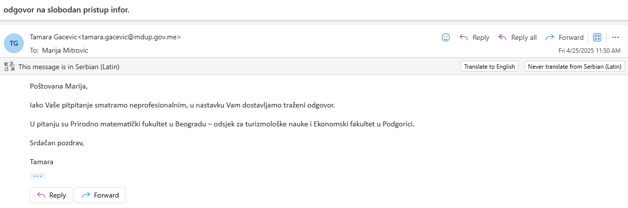 ODGOVOR IZ VLADE: Detalji prepiske iz kabineta ministra Radunovića