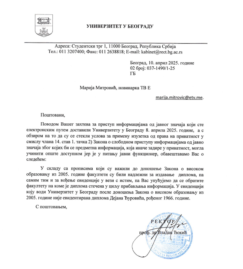 KOREKTNA SARADNJA SA MEDIJIMA: Odgovor Univerziteta u Beogradu na upit Portala ETV