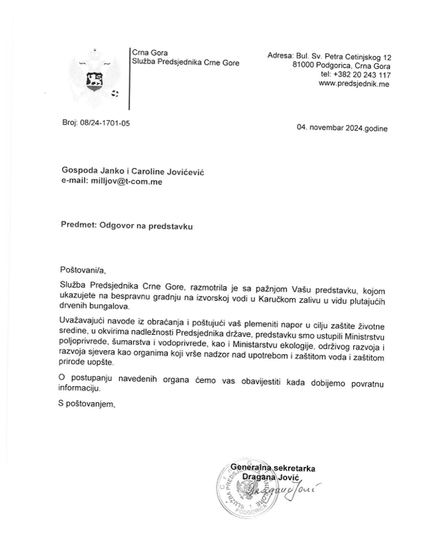 Dopis Službe predsjednika Milatovića