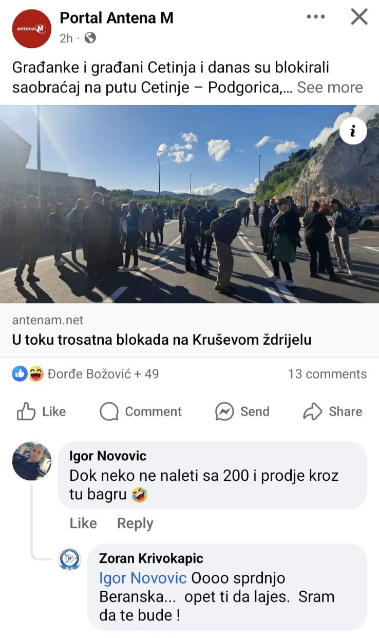 Komentar Igora Novovića na Fejsbuk objavi Portala Antena M (Foto: Centar za građanska prava)