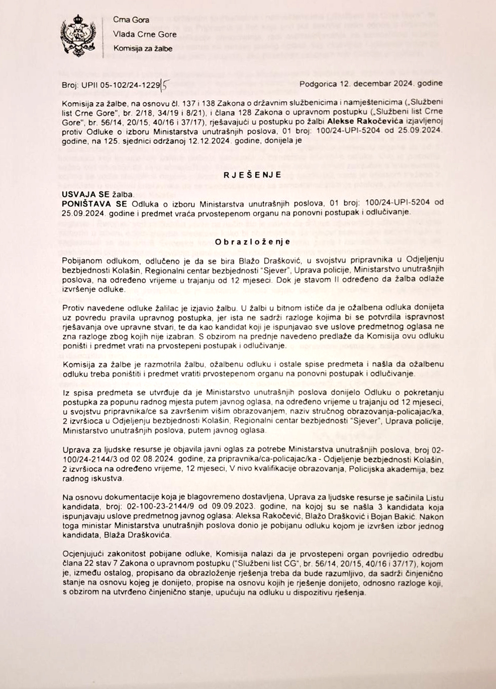 DVA PONIŠTENA RJEŠENJA MINISTRA ŠARANOVIĆA: Kopija Rješenja od 12. decembra 2024.