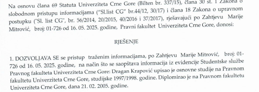 DOKAZ: Podaci o studiranju Dragana Krapovića