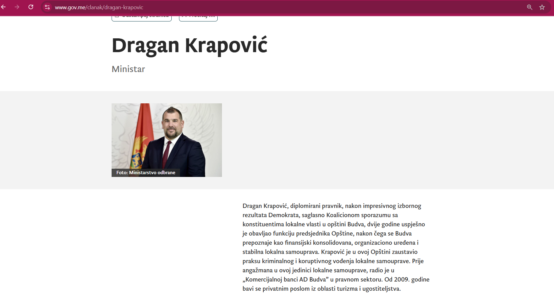 IMPRESIVNA BIOGRAFIJA: Screenshot sa sajta Vlade Crne Gore
