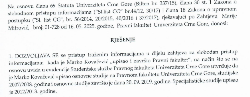 PRODUŽENO STUDIRANJE: Detalj o vremenu studiranja Marka Kovačevića