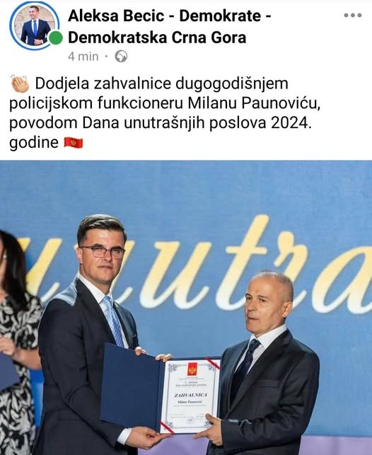 SVAKI NADREĐENI JE DOBAR NADREĐENI: Ministar Šaranović uručuje 2024. zahvalnicu Paunoviću 